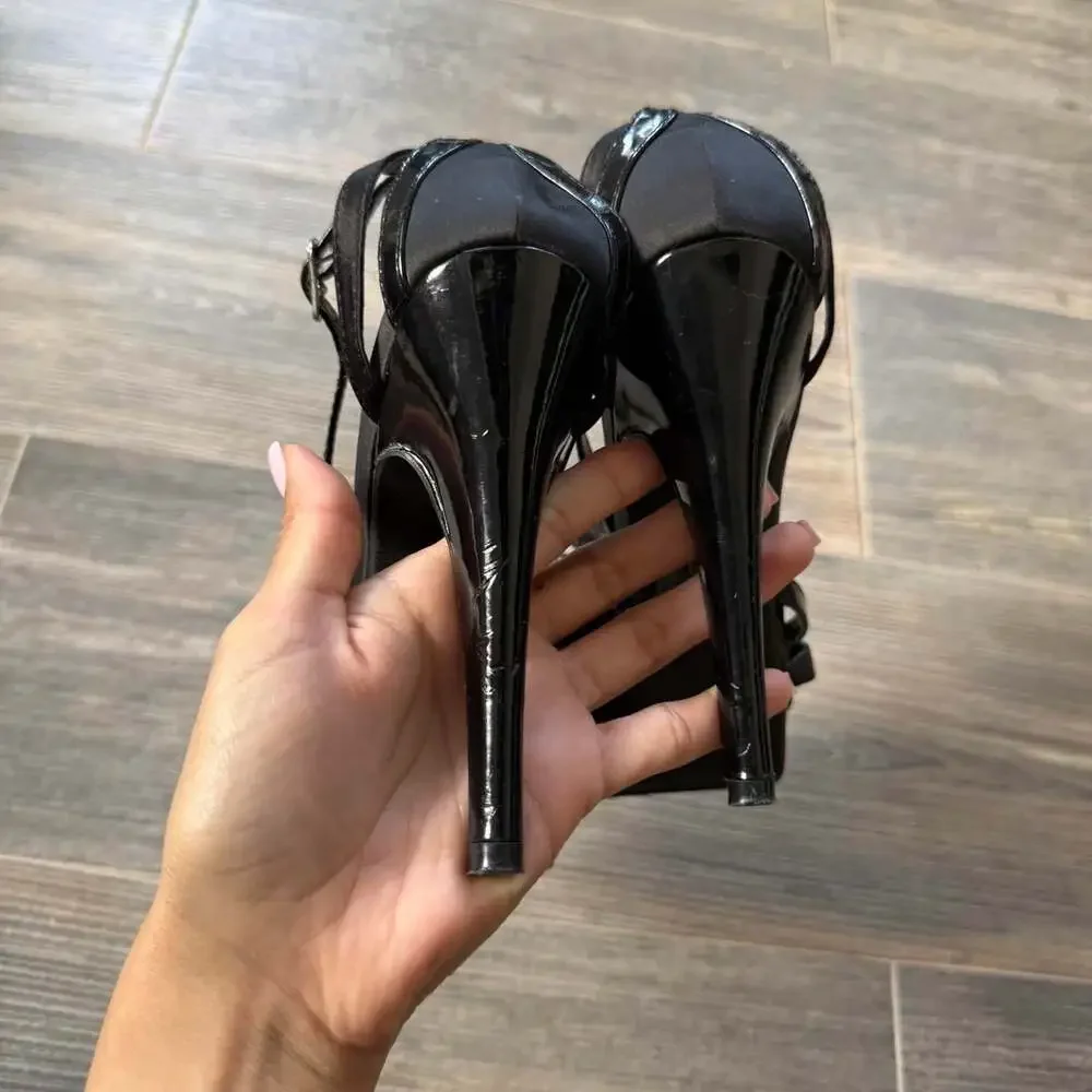 Shi Women's Black Platform open toe Heel Vintage Y2K Ruffle Flower